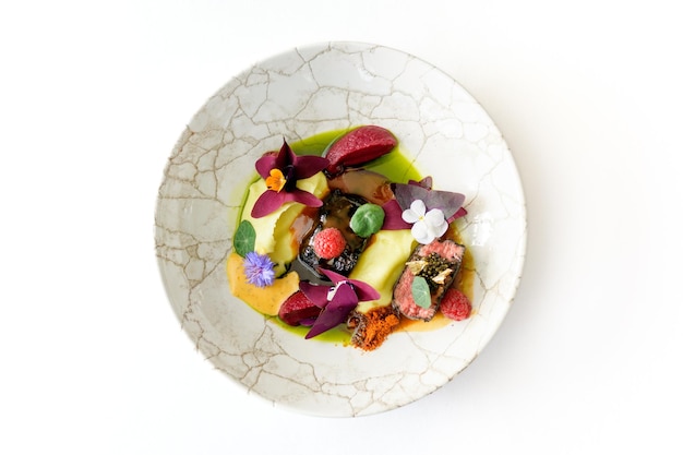 Colorful plated dish top view